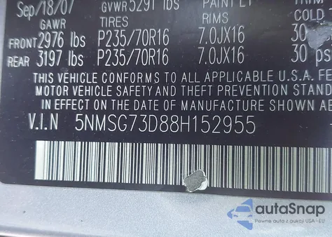 2008 Hyundai Santa Fe Gls z USA, uszkodzony, nr VIN 5NMSG73D88H152955